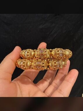 Gold-Tone openable Ornate Beaded Bangle Bracelet Set - Women Jewelry
